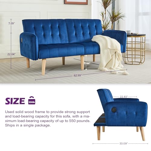 Image of TYBOATLE 62.99 inch W Velvet Modern Convertible Folding Futon Couch Sofa Bed w / 2 USB Charging Ports for Compact Living Space, Small Couches for Office, Dorm, RV Room, Apartment, Bedroom (Navy Blue)