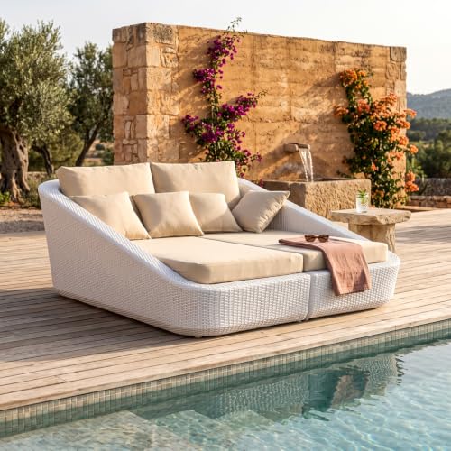 Image of BRISHI Outdoor /Pool Side /Garden /Balcony /Porch /Backyard /Terrace /Patio /Beach /Rectangular Sofa Sunbed Wicker and Rattan Daybed (White /Cream)