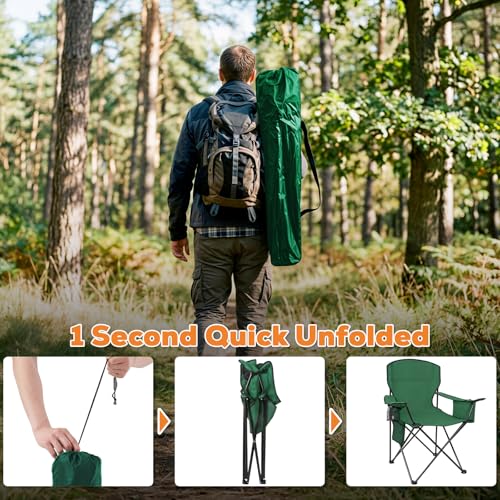 Image of Romswi 2 Pack Camping Chairs, Heavy Duty Folding Chair with 4-Can Cooler Bag, Portable Outdoor Chair with Cup Holder for Lawn, Beach, Fishing, Green