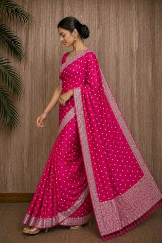 Image of Women's Glory Kanjivaram Banarasi Silk Saree with Polka Dot Embroidery Blend Woven Zari with Jacquard Woven Unstitched Blouse Piece.