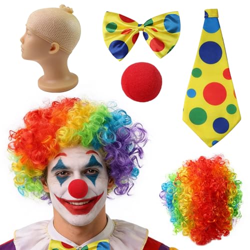 BATHRINS Clown Kostüm Set 5-teiliges Zirkus Zubehör mit Regenbogen Perücke Haarnetz Schaumstoff-Nase Krawatte und Fliege für Karneval Fasching Halloween & Cosplay Party
