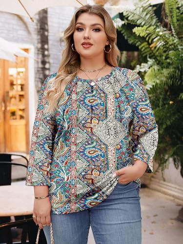 Image of Chulianyouhuo Womens Plus Size Tops 3 /4 Sleeve Casual T Shirts | Crew Neck, Pleated Blouse Tee, Dressy Casual Shirts, Loose Fit Tunic Tops, Soft Fabric, Going Out Outfits