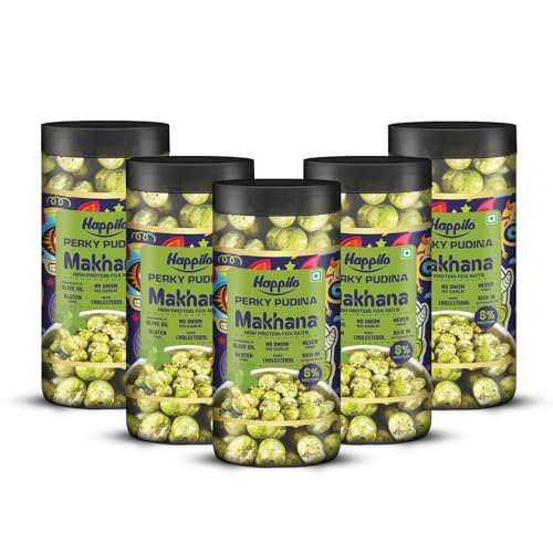 Image of Happilo Makhana Perky Pudina Jar 80g, Roasted Foxnut Healthy Snack Low Calorie and Vegan (Pack of 5)