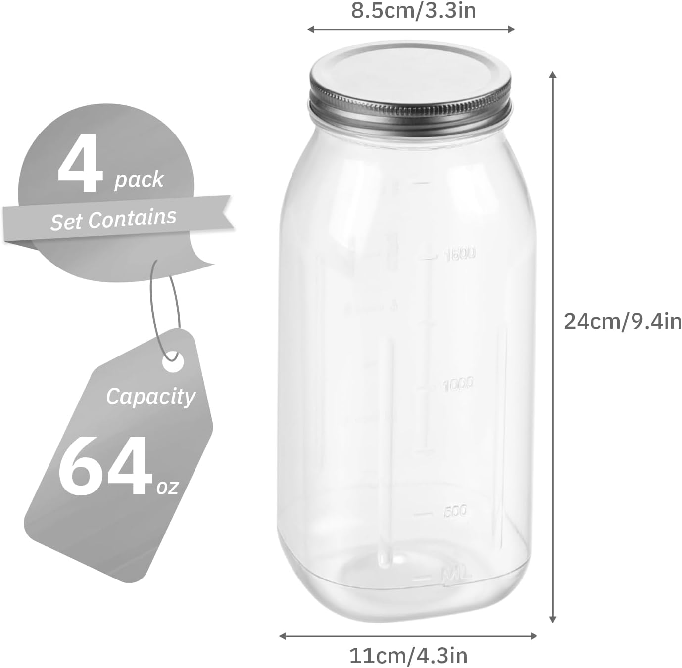 4Pack 64 OZ Sliver Plastic Jars Wide Mouth With Lid Large Mason Jars 64 OZ Half Gallon Mason Jars Food Storage Jars