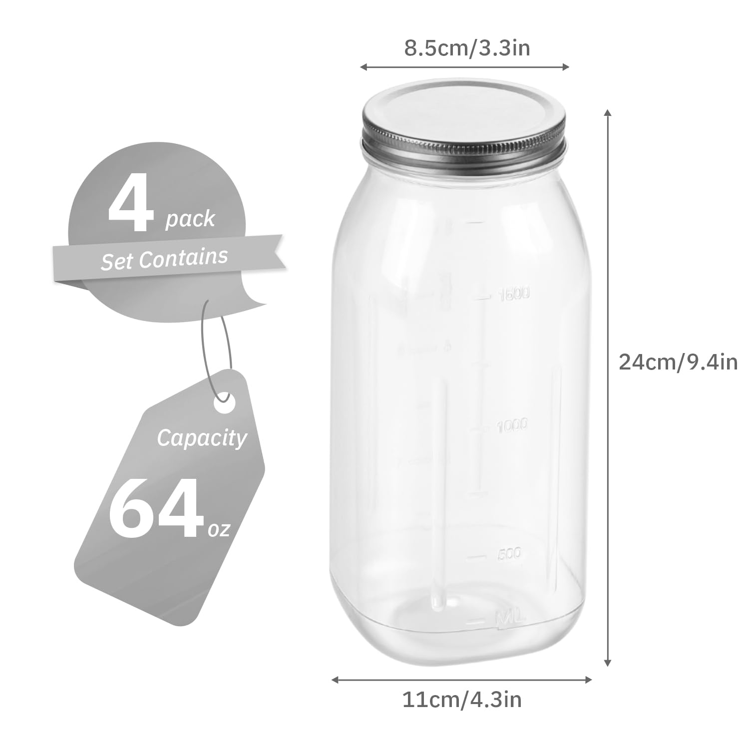 Confezione da 4 barattoli in plastica argentata da 1,8 l, apertura larga con coperchio, barattoli grandi da 1,8 litri, barattoli per alimenti