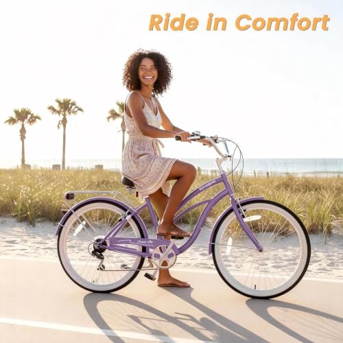 Image of Beach Cruiser Bike for Women and Men, 24 /26 Inch 7-Speed Adult Bicycle | Step-Through or High-Bar Frame, Rear Rack, Full Fenders, Kickstand, Adjustable Comfort Seat, 350 lb Capacity, Classic Cruiser
