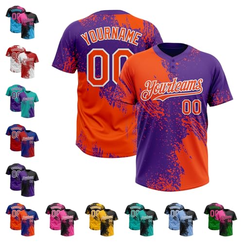 Customizable Softball Baseball 2-Button Jersey Unisex Adult Youth, Personalized Two Tone Orange Purple Sports Fan T-Shirts Stitched Name Number Logo Blank Team Uniforms for Men Women Boys Girl, XS-5XL