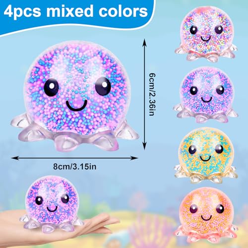 4 Stück Stressball Octopus Leuchtendes Squishy Anti Stress Bälle für Kinder & Erwachsene Anti Stress Squeeze Ball Fidget Toy zur Entspannung, ADHS & Weihnachts-Partytüten Füllstoff