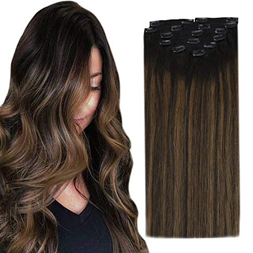 VeSunny Clip in Hair Extensions Brown Highlights Human Hair 20inch Balayage Natural Black Fading to Brown Highlighted Full Head Human Hair Extensions Clip in Remy Hair 7Pcs 120g