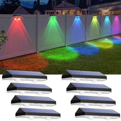 Solar Fence Lights Outdoor - Warm White & RGB 6 Color, Dusk to Dawn Solar Deck Light, Solar Lights Outdoor IP65 Waterproof, Garden Lights for Outside/Backyard/Railing/Step/Patio/Wall (8 Pack)