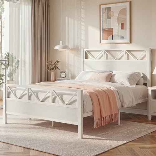Image of LIKIMIO Queen Bed Frame, Tall Modern Headboard 51.2 inch, Platform Bed Frame with Strong Metal Support, Solid and Stable, Noise Free, No Box Spring Needed, Easy Assembly, White