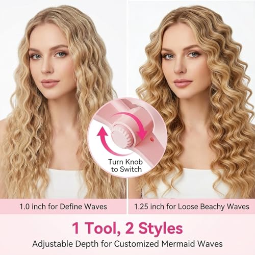 Image of 1&1.25 Inch Hair Crimper for Women - Curling Iron Waver Hair Tool to Adjustable Groove - Rizadora para Cabello - Anti-Scald Tech Hair Waver - Ionic Ceramic Coating for Long-Lasting,Fast Heating,Pink
