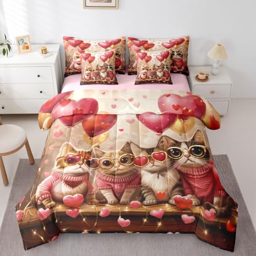 Image of Cute Cats Twin Comforter Set Pink Heart Balloons Decor Bedding Sets Valentine's Day Romantic Lovely Kitty Bedroom Decor Comforter,Flat Sheet,Fitted Sheet,2 Pillowcases,2 Pillow Covers,7 Pieces