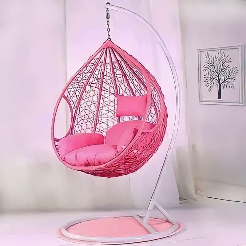 Image of Hindoro Rattan Wicker Wrought Iron Single Seater Swing Chair with Stand & Cushion & Hook Outdoor || Indoor || Balcony || Garden || Patio || Living Outdoor Furniture (Pink, Oval)