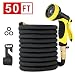 Healon 50FT Expandable Garden Water Hose with 9 Pattern Spray Nozzle, Solid Brass Connector, Double Latex Core Expanding Water Hose with Storage Bag and Hanger Black