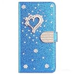 Bling Bling Wallet Case for Samsung Galaxy S4 i9500 Pocket Case Blue Glitter 3D Diamond Heart Bling Glitter Pattern PU Leather Folio Flip Case Kickstand Magnetic Wallet for Samsung Galaxy S4 i9500
