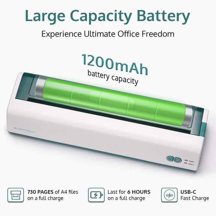 Image of OFFNOVA Portable Printer Wireless for Travel, Thermal Inkless Printer, Support US Letter & A4 Size, Compatible with iOS, Android, Laptop with 1 Roll 8.5 inch x 11 inch Thermal Paper, for Mobile Office, Green