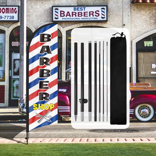 QSUM Barber Shop Feather Flag,8FT Barber Shop Advertising Swooper Flag with Pole Kit, Ground Spike,Signs for Businesses and Storefronts