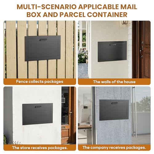 Image of Large in-Fence Parcel Drop Box - Easy Assembly Through-the-Wall Package Delivery Box with Rear Access Door - Anti-Theft Locking Mailbox for Packages and Mail (Sleek Black Steel)