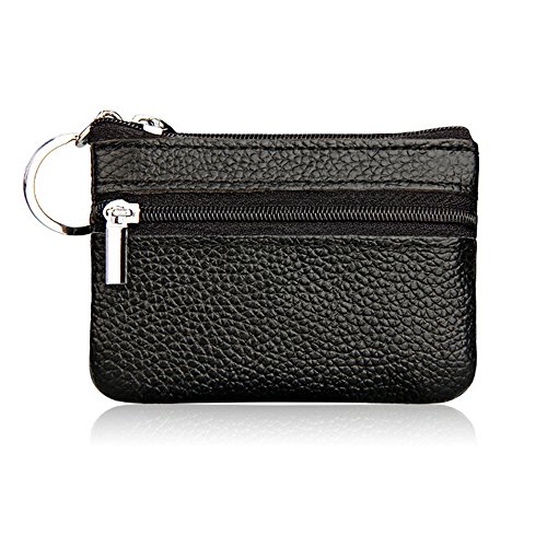 Genuine Leather Coin Purse, Mini Pouch Change Holder Zipper Wallet with Key Ring Keychain for Men and Women (Black)
