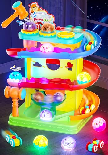 Funwee 2-in-1 Light Up Rolling Ball & Racing Car Ramp Toddler Toy Race Track Hammer Ball Drop Toys Interactive Montessori Learning Game for Kids 1-5+ Year Old Girl Boy Gift(Yellow)