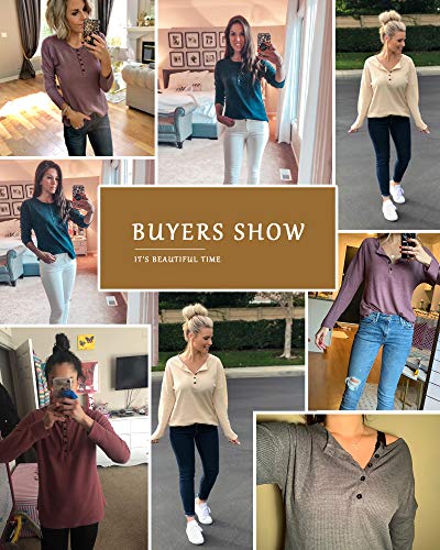 MOLERANI Women's Long Sleeve Waffle Knit Tunic Blouse Casual Button Up Henley Shirts Plain Tops Beige M