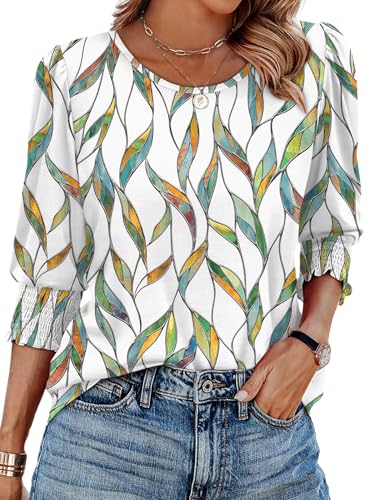 Image of XIEERDUO Blouses for Women Dressy Casual 3 /4 Length Sleeve Womens Tops with Smocked Cuffs