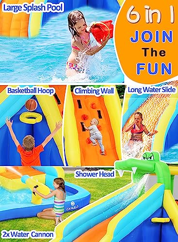 Inflatable Water Slide for Kids 8in1 Water Park 158x138x89in Waterslide Inflatables with 450W Blower+2 Cannons+Climbing Wall+Splash Pool+Crocodile Sprinkler Blow up Water Slides for Kids Backyard Fun