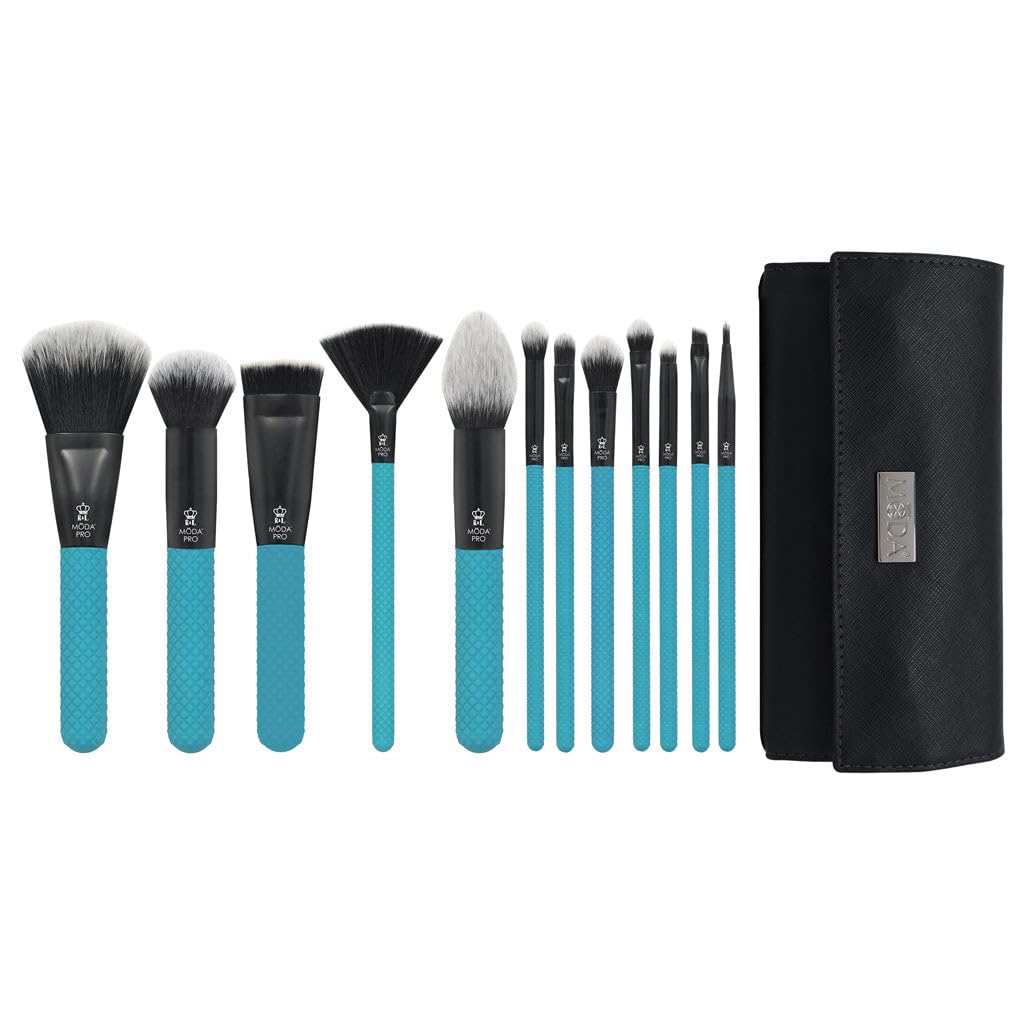 MODA Pro Full Face - Set di 13 pennelli da trucco con custodia da viaggio (verde acqua)