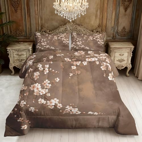 Genérico Flores de Ciruelo Edredon Cama 150, Marrón Oscuro Juego de Cama de Microfibra, 1 Nordico 240x220 y 2 Fundas, Ligero y Suave, 4 Estaciones X449