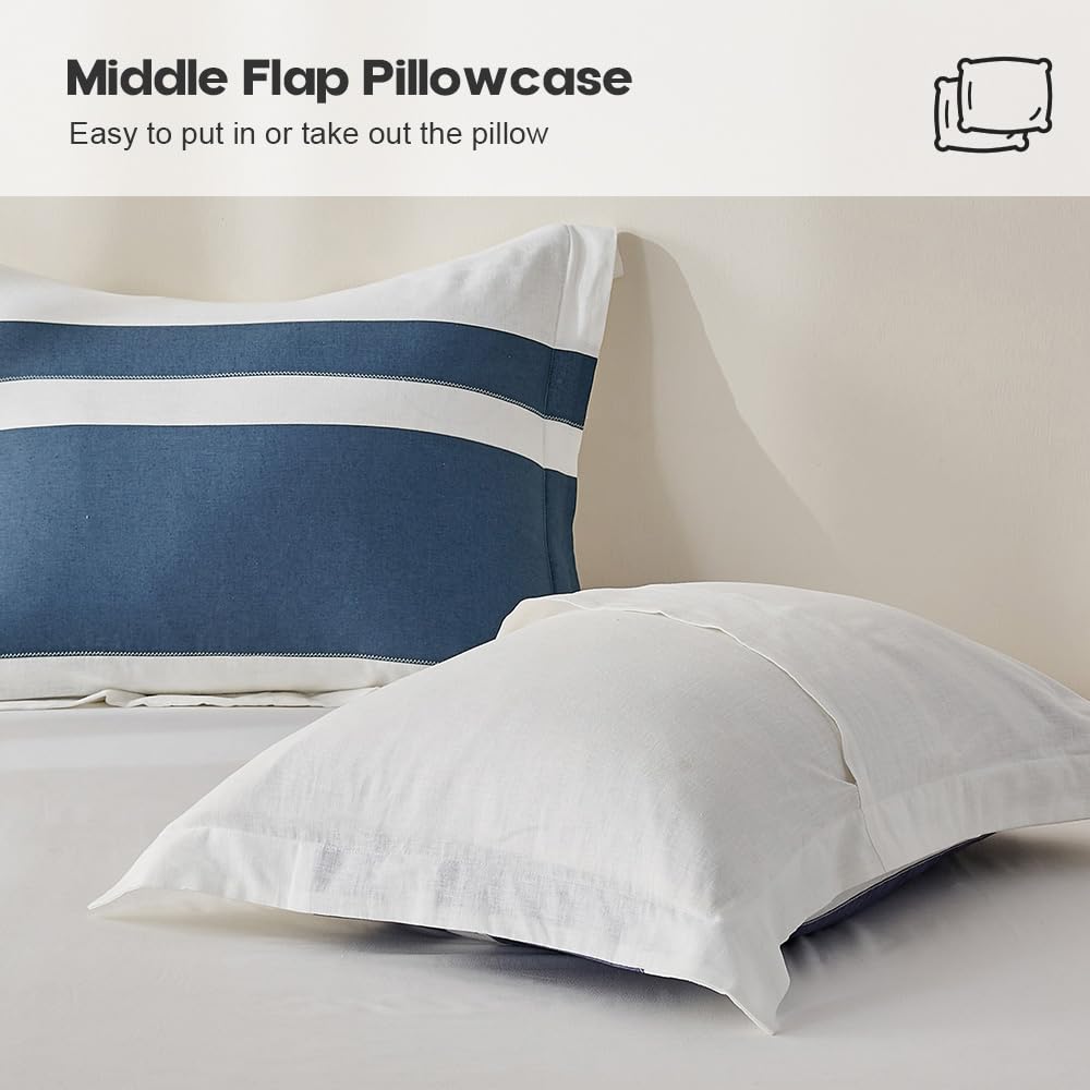 Simple&Opulence Set copripiumino in lino francese, 223,5 x 233,7 cm, 3 pezzi (1 copripiumino e 2 federe), in misto cotone naturale e lino, morbido e traspirante, con strisce (queen size, bianco e blu