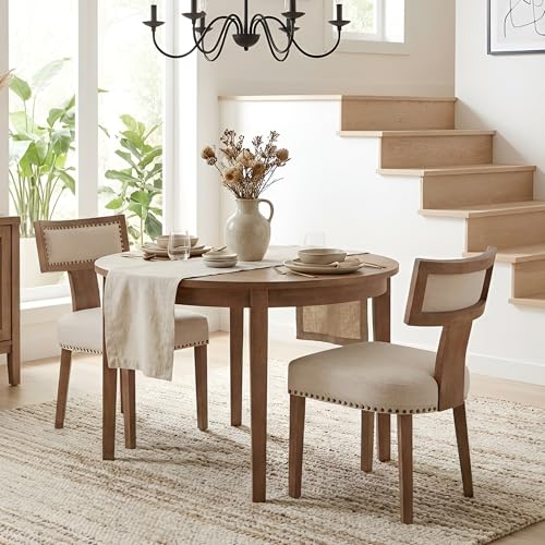 Image of HNY Mid Century Modern Dining Chairs Set of 2, Farmhouse Linen Fabric Upholstered Accent Chairs Curved Nailhead Trim Backrest Kitchen Chairs, with Hardwood Frame, Beige