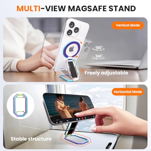 Image of Multi-Functional Magnetic Phone Grip Kickstand for MagSafe, Phone Holder for Hand, Foldable Ring Stand with Finger Loop Strap for Bedtime Scrolling & On-the-Go, Wireless Charging Compatible, Rainbow