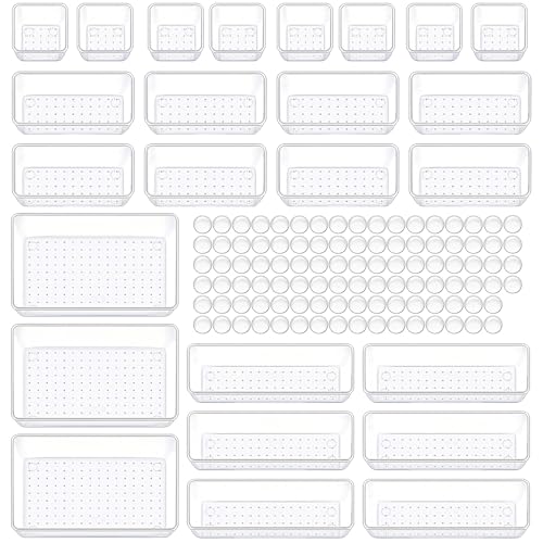 Drawer Organizer Set Clear Plastic Desk Drawer Makeup Organisers Dividers Trays Dresser Storage Bins for Office Jewelries Gadgets Bedroom Bathroom (25PCS)