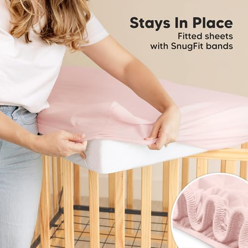 Image of 2-Pack Waterproof Crib Sheets for Boys, Girls - 52x28 Fitted Organic Cotton Baby Crib Sheets, Toddler Mattress Protector Cover, Washable, Soft & Durable Baby Bedding Essentials (Mist Rose)