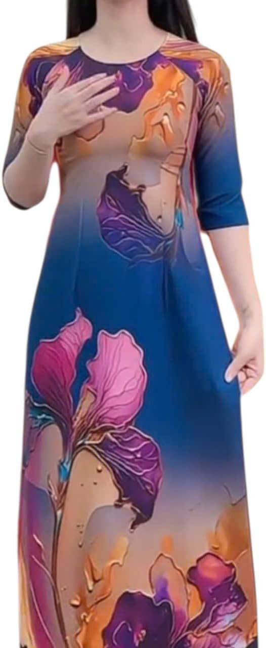 Traditional Vietnamese Ao Dai, Round Neck, 6D Printed Pattern, 34 Sleeves, Japanese Silk Material, Ao Dai and Pants