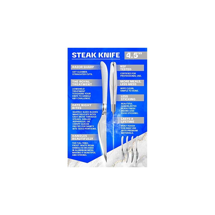 Dalstrong Steak Knife Set - 4 Piece - 4.5 inch Serrated Blade - Frost Fire Series - High Chromium 10Cr15CoMoV Steel Kitchen Knife - Frosted Sandblast - White Honeycomb Handle - NSF Certified