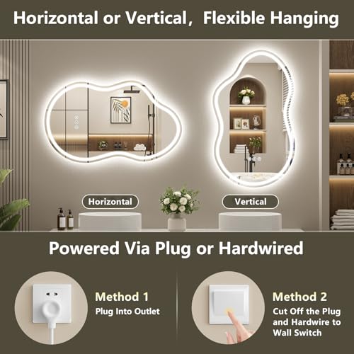 Image of 40x24 Inch Asymmetrical LED Bathroom Mirror with Lights, Backlit & Front-Lit, Anti-Fog, Irregular Cloud Lighted Bathroom Vanity Mirror for Wall, Dimmable, 3 Colors, Memory, HD Tempered Glass