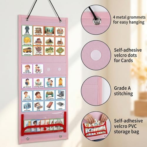 Image of PATPAT Flash Cards for Kids Visual Schedule Calendar Chart, 2 in 1 Foldable Autism Daily Chore Routine Chart with 96 Cards Montessori Learning Toys for 3+ Year Old Kids for Home School, Pink