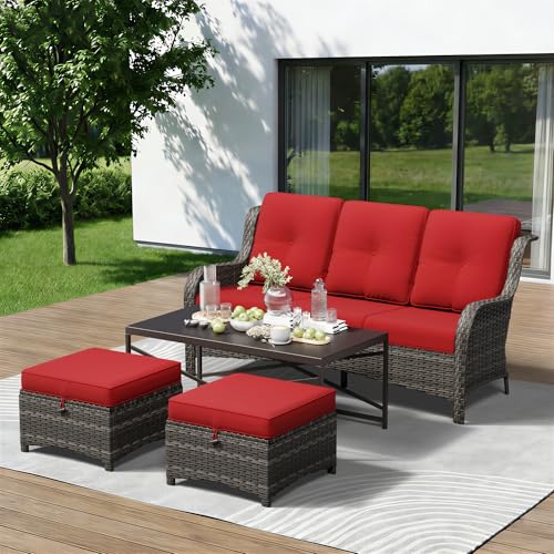 Image of 4-Piece Outdoor Couch Set, Includes Wicker Patio Sofa with Thickened Olefin Cushions, High Back and Deep Seating, Hand-Woven PE Rattan and 2 Ottomans, 1 Coffee Table for Porch, Deck