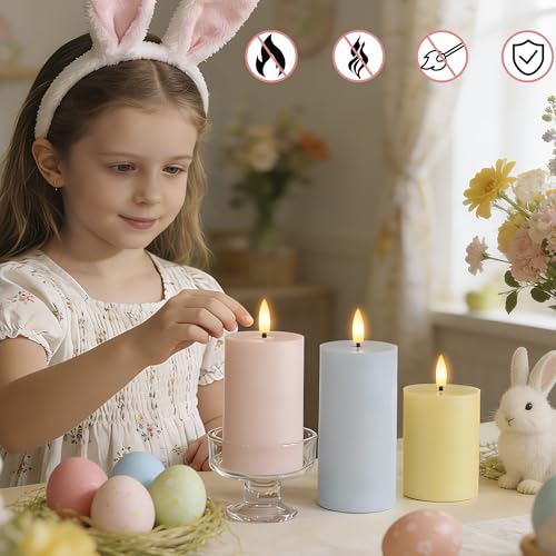 Image of Flameless Easter Candles with Remote, Battery Operated Pastel Spring Candles for Home & Table Decor, Realistic Flickering LED Pillar Candles for Easter & Spring Decor Set of 3