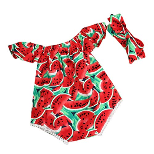 Mono para niñas, Recién Nacido Bebé Niña Verano Ropa sandía Mono Vestidos Fiesta Moda sin Tirantes Mameluco Traje de baño Casual Playa + Bowknot Venda Jumpsuit (90（12-18 Meses ）)