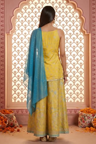 Image of Aurelia Women's Floral Printed Sequins Spaghetti Strap Short Top and Lehenga Set with Dupatta