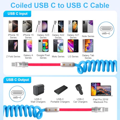 Image of Verilux PD 66W Type C Cable Fast Charging with Spring, 5.9Ft C Type Charger Cable with 480Mbps Data Transmission, No Tangle Retractable Type C Cable for iPhone 17 /17 Plus /17 Pro /16 /15, Galaxy S25 /S24