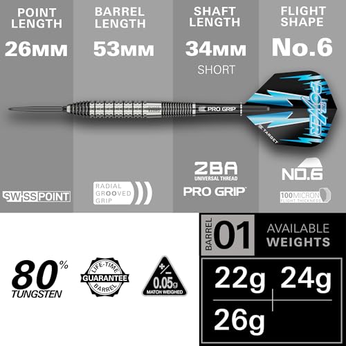 Target Darts Phil Taylor Power 8-Zero 2 Steel Tip Darts, 80% Tungsten Dart Set, 22G | Power 8 Zero Player Edition Darts with Swiss Points, Pro Grip Shafts, No.6 Dart Flights & SP Tool - Image 3