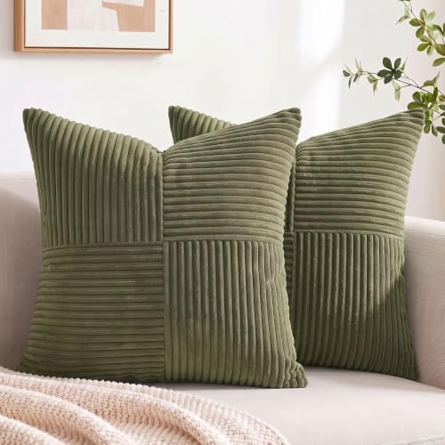 Image of Fancy Homi 2 Packs Olive Green Big Decorative Throw Pillow Covers 24x24 Inch for Living Room Couch Bed, Rustic Farmhouse Boho Home Decor, Soft Corss Corduroy Patchwork Accent Cushion Case 60x60 cm