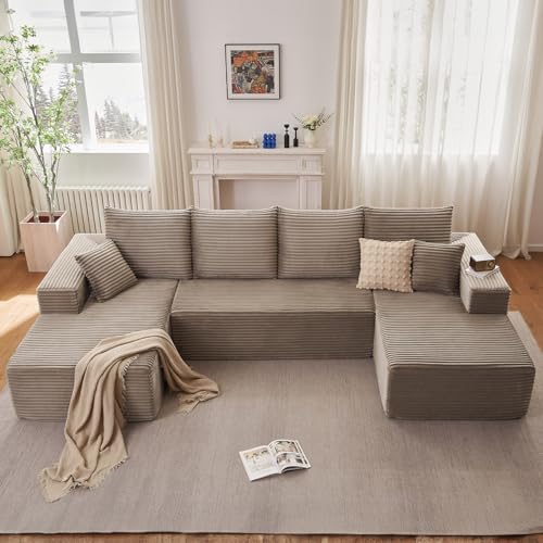 Image of Oversized Modular Sectional Sofa Couch, Large 4 Seater Corner Sofa Modern U Shaped Sectional Couch Cloud Couches for Living Room, Office, Spacious Space, Corduroy, No Assembly Required, Camel
