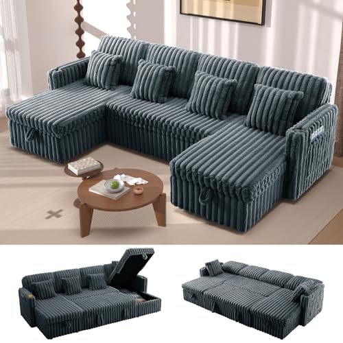 Image of 107'' Sectional Sleeper Sofa with Pull Out Bed, Storage Chaise, Adjustable Backrest, USB Charger, Cup Holder & Side Pocket, Fluffy Soft Corduroy U Shaped Couch for Living Room, Dark Grey