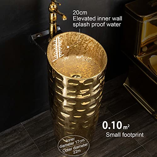 Yrra Vintage Retro Gold Kaolin Clay Pedestal Sink Freestanding Bathroom Sink With Drain & Faucet, One-Piece Floor-Standing Ceramic Wash Basin,Gold,Without Mirror #TOP3
