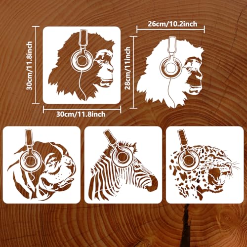 FINGERINSPIRE 4PCS Banksy Animal Headphones Painting Stencils 30x30cm Reusable Monkey Dog Drawing Templates Hollowed Leopard Zebra Stencils for Painting Animal Theme Templates for DIY Crafts - Image 2